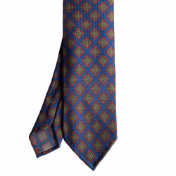 Medallion Printed Silk Tie - Untipped - Mid Blue/Green/Rust/Yellow