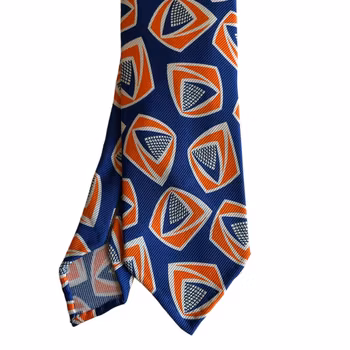 Large Pattern Printed Jacquard Silk Tie - Untipped - Mid Blue/Orange/White