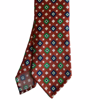 Floral Printed Jacquard Silk Tie - Untipped - Dark Rust/Green/Navy Blue/White