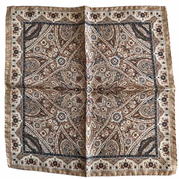 Oriental Silk Pocket Square - Beige/Navy Blue/Brown