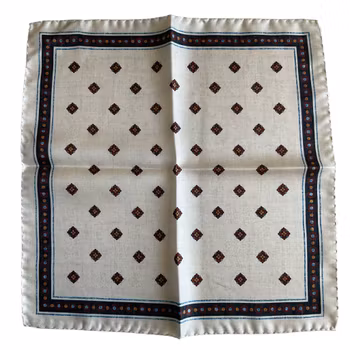 Floral Silk Pocket Square - White/Navy Blue/Brown