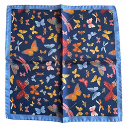 Flowers and Butterflies Silk Pocket Square - Navy Blue/Light Blue