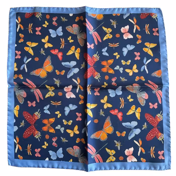 Flowers and Butterflies Silk Pocket Square - Navy Blue/Light Blue