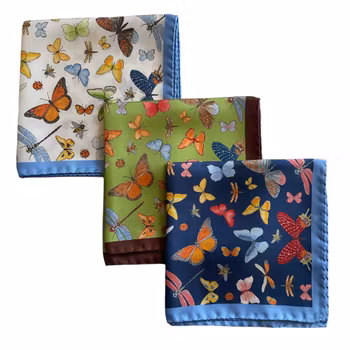 Flowers and Butterflies Silk Pocket Square - Navy Blue/Light Blue
