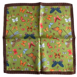 Flowers and Butterflies Silk Pocket Square - Light Green/Brown