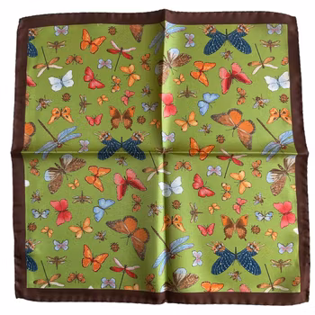 Flowers and Butterflies Silk Pocket Square - Light Green/Brown