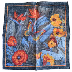 Butterflies and Flowers Linen Pocket Square - Navy Blue
