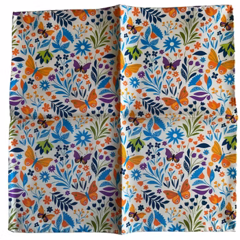 Fjärilar och Blommor Sidennäsduk - Vit/Blå/Orange/Grön