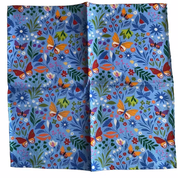 Fjärilar och Blommor Sidennäsduk - Ljusblå/Orange/Grön/Marinblå