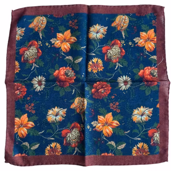 Autumn Floral Wool Pocket Square - Navy Blue/Brown/Burgundy