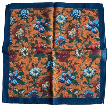 Autumn Floral Wool Pocket Square - Orange/Navy Blue