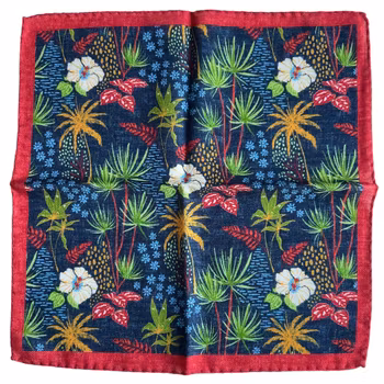 Floral Wool Pocket Square - Navy Blue/Burgundy/Green