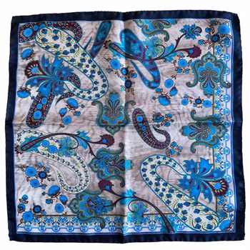 Oriental Paisley Silk Pocket Square - Navy Blue/Beige/Green