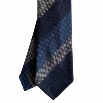 Wide Striped Wool Tie - Untipped - Navy Blue/Mid Blue/Beige