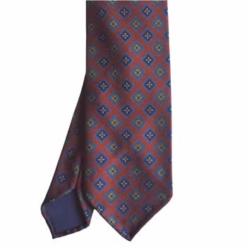 Medallion Ancient Madder Silk Tie - Untipped - Burgundy/Light Blue/Navy Blue/Green