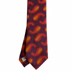 Large Paisley Printed Silk Tie - Burgundy/Orange/Mustard