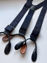 Thin Striped Wool Flannel Suspenders - Dark Navy/Grey