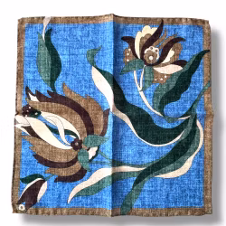 Large Floral Wool Pocket Square - Light Blue/Beige