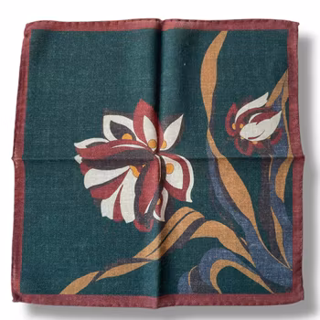 Large Floral Wool Pocket Square - Green/Burgundy
