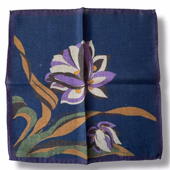 Large Floral Wool Pocket Square - Navy Blue/Lilac