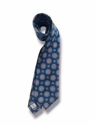 Large Medallion Printed Silk Tie - Navy Blue/Brown