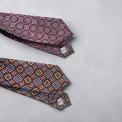 Large Medallion Printed Silk Tie - Navy Blue/Mustard/Lilac/Light Blue
