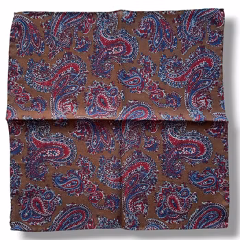 Large Paisley Wool Pocket Square - Brown/Blue/Burgundy