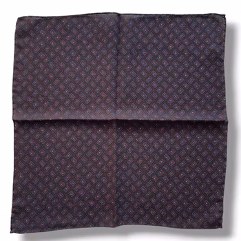 Small Motif Wool Pocket Square - Dark Brown/Cerise