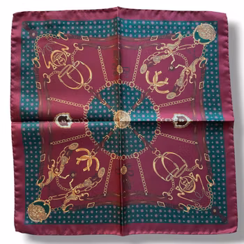Classic Motif Silk Pocket Square - Burgundy/Green