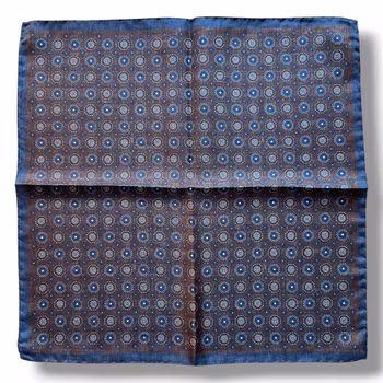 Medallion Silk Pocket Square - Brown/Navy Blue