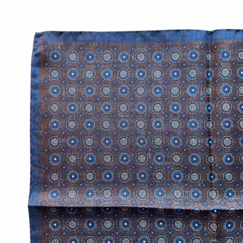 Medallion Silk Pocket Square - Brown/Navy Blue