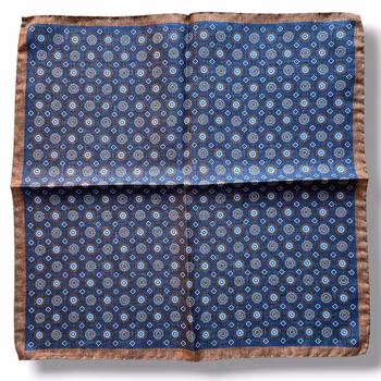 Medallion Silk Pocket Square - Navy Blue/Brown