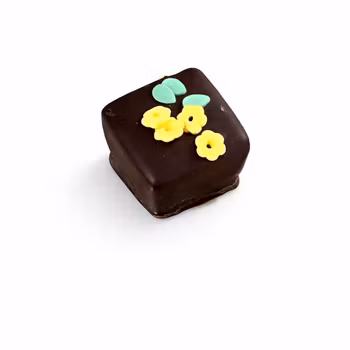 Mörk choklad med hasselnöts pralinéfyllning och krisp, dekorerad med blommor av kristyr (Innehåller NÖTTER & GLUTEN)