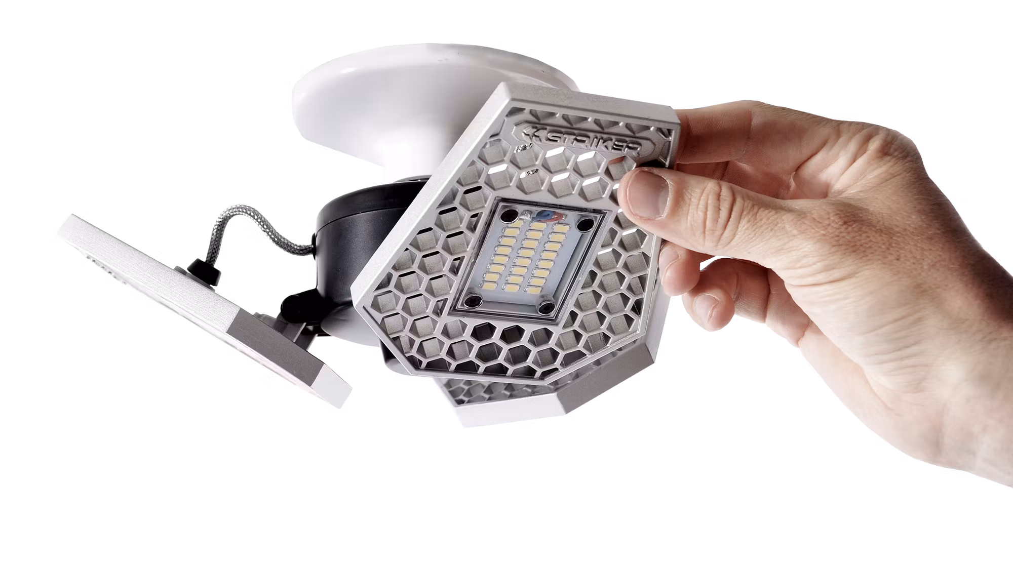 Powerful LED ceiling lamp being adjusted