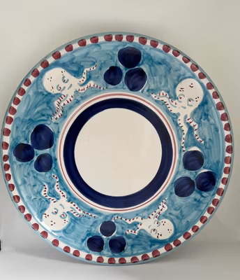 Amalfi stor pizzatallrik/uppläggningsfat, turkost med bläckfiskmönster, 30 cm
