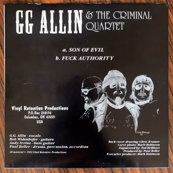 GG ALLIN & THE CRIMINAL QUARTET Son Of Evil (Vinyl Retentive - USA original) (VG+) 7"