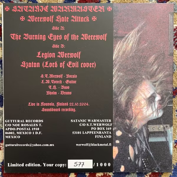 SATANIC WARMASTER Werewolf Hate Attack Live!!! (Guttural - Mexico original) (EX/VG+) 7"