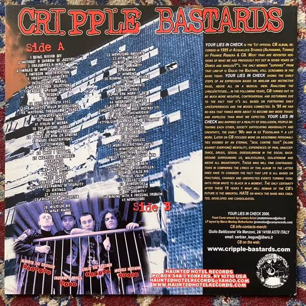CRIPPLE BASTARDS Your Lies In Check (Splatter vinyl) (Haunted Hotel - USA reissue) (EX) LP