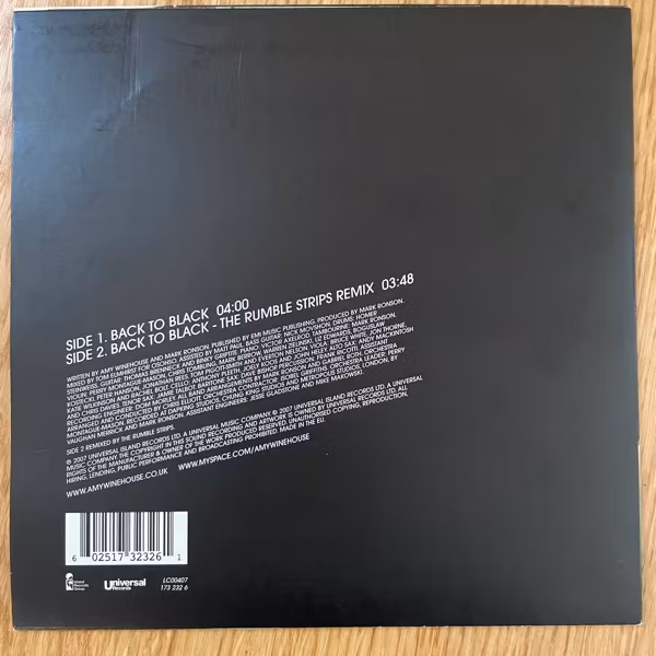AMY WINEHOUSE Back To Black (White vinyl) (Universal - UK original) (EX) 7"