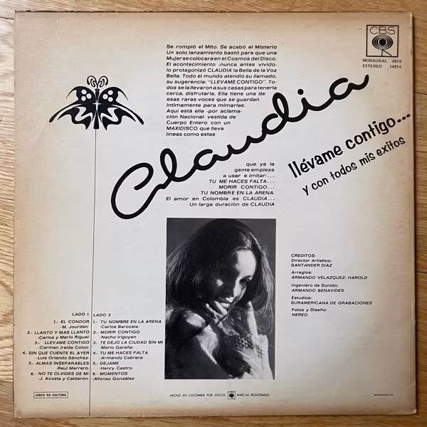 CLAUDIA Llévame Contigo … Y Con Todos Mis Exitos (CBS - Colombia original) (VG/VG+) LP