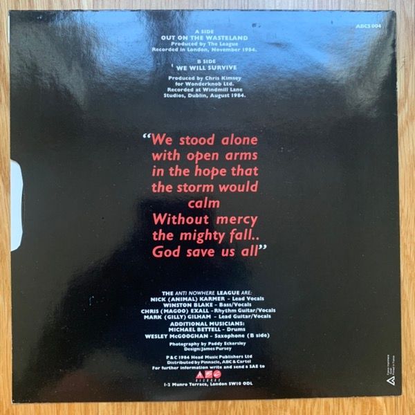 ANTI-NOWHERE LEAGUE, the Out On The Wasteland (ABC - UK original) (VG+) 7"