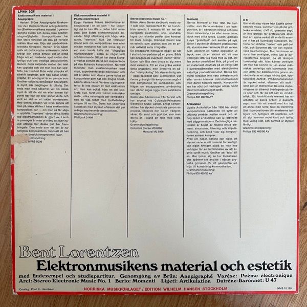 BENT LORENTZEN Elektronmusikens material och estetik (Nordiska Musikförlaget – Sweden original) (VG/VG+) LP