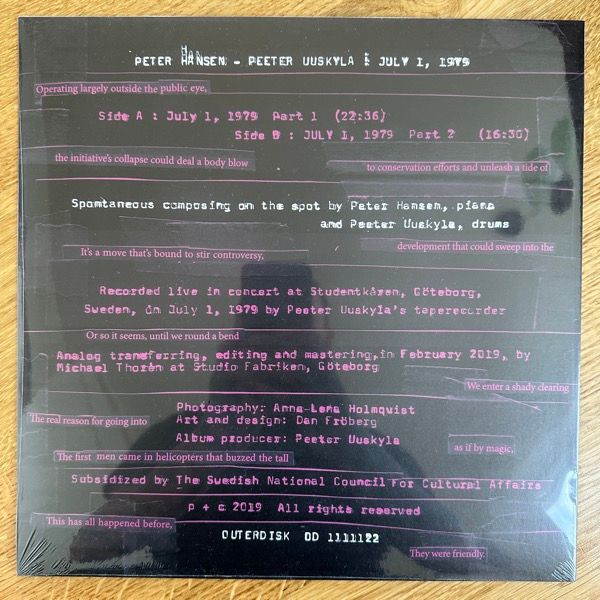 PETER HANSEN, PEETER UUSKYLA JULY 1, 1979 (OUTERDISK – Sweden original) (SS) LP