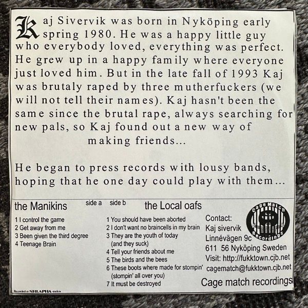 MANKINIS, the / LOCAL OAFS The Brutal Rape Of Kaj Sivervik (Cage Match Federation – Sweden original) (VG+/EX) 7"