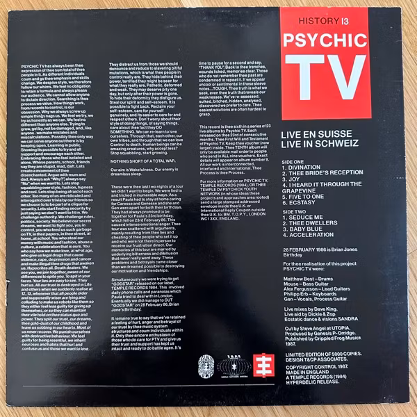 PSYCHIC TV Live En Suisse (Temple - UK original) (VG+/EX) LP