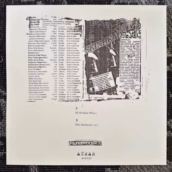 XENOPHOBIC EJACULATION  SS-Division Wiking / TRE Skinheads 1983 (ASRAR - Italy reissue) (NM) LP
