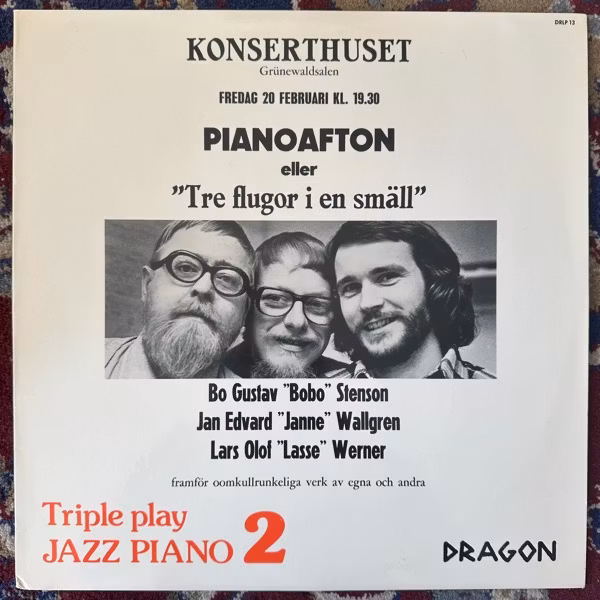 LASSE WERNER, JAN WALLGREN, BOBO STENSON Triple Play - Jazz Piano Volume 2 (Dragon - Sweden original) (EX/VG+) LP