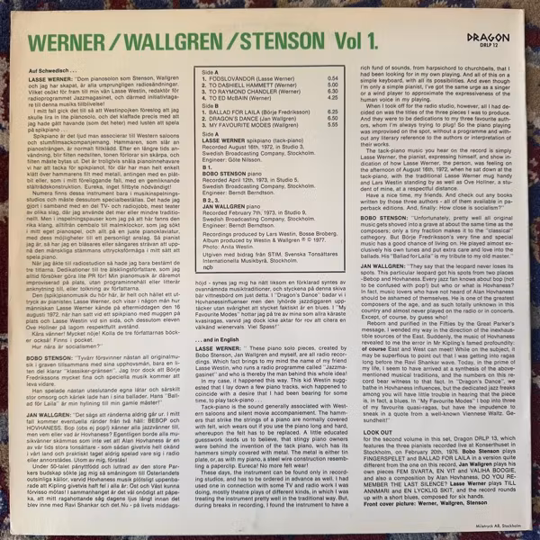 LASSE WERNER, JAN WALLGREN, BOBO STENSON Triple Play - Jazz Piano Volume 1 (Dragon - Sweden original) (VG+) LP