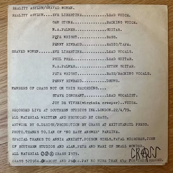 CRASS Reality Asylum / Shaved Women (Crass - UK original) (VG) 7"