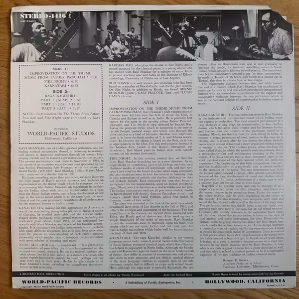 RAVI SHANKAR Improvisations & Theme From Pather Panchali (World Pacific - USA original) (VG+/EX) LP